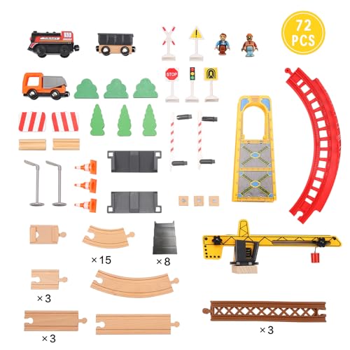 Giant bean Tower Crane Wooden Train Set, 72pcs Toy Battery Operated Train Track for Boys and Girls 3-7, Fit Thomas The Train, Brio, Melissa & Doug Giant bean