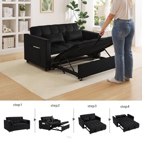 YitZanefrin 54'' 3 in 1 Convertible Sleeper Sofa Bed, Futon Couches Bed for Living Room with Side Pocket | Adjustable Backrest | Velvet Fabric | Pull Out Couch | Love Seat Sofa Black YitZanefrin