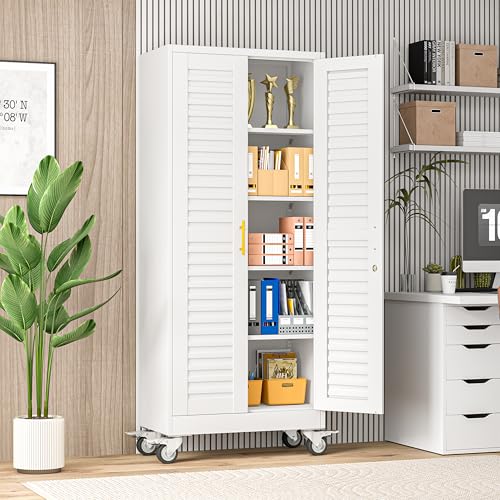 Tokawa 71’’H Metal Garage Storage Cabinet with Wheels, Metal Storage Cabinet with Louvered Doors, Rolling Tool Cabinet with Adjustable Shelves, Large Utility Cabinet for Office,Garage,Kitchen(White) Tokawa