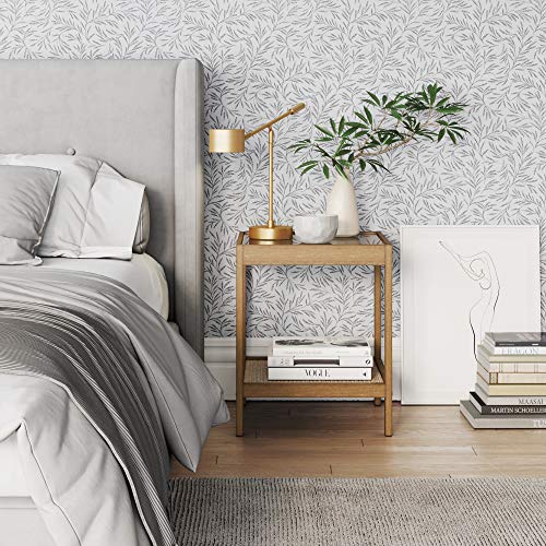 Nathan James 33301 Hayes Solid Wood Nightstand, Bedside, End or Side Table in Light Brown Wood Finish & Glass Top with Open Storage Shelf, 18 in x 18 Nathan James