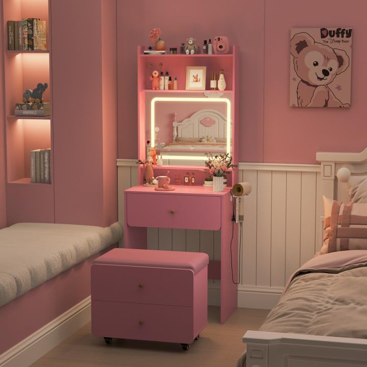 Vabches Small Vanity Desk Set with 3 Adjustable Lighted Mirror and Storage Chair, Vanity Set with Charger Station, Small Spaces Vanity Table for Bedroom,Pink Vabches