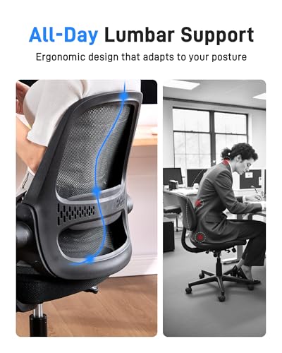 Ergonomic Mesh Office Chair for Home Office, Flip-Up Arms, Breathable Mesh Back & Thick Seat Cushion, Swivel Rolling Computer Desk Chair, BIFMA Certified, Supports 300 lbs (Black Frame/Black Seat) amseatec