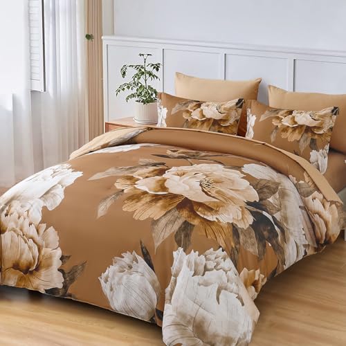 Dobuyly Brown Comforter Set Queen Size 7 Piece Bed in a Bag, Floral Printed on Brown Comforter Set with Sheets, Soft Microfiber Botanical Fall Complete Bedding Set for All Season Dobuyly