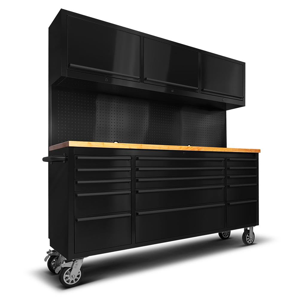 UYRIE 72-Inch Stainless Steel Rolling Tool Chest with 15 Drawers + 3 Upper Cabinets, Mobile Workbench, Assembled Large Tool Box Lockable Storage Cabinet with Wheels for Garage Workshop, Matte Black UYRIE