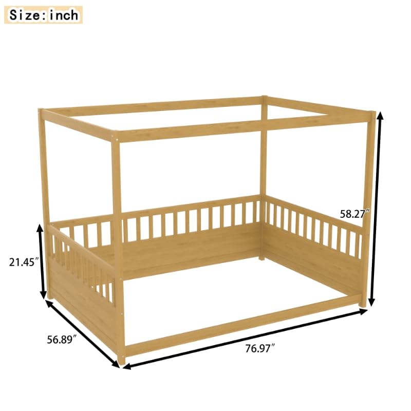 Full Size Canopy Bed Frame with 4 Posters and Guardrails, Full Size Montessori Floor Bed with High Fence, Natural Bellemave