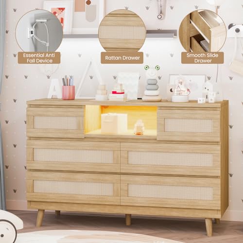 GarveeHome Natural Rattan Dresser for Bedroom with LED Light and Charging Station, 6 Drawer Double Dressers, Modern Wooden Dresser Chest, Beside Table for Closet, Nursery, Living Room, Natural GarveeHome