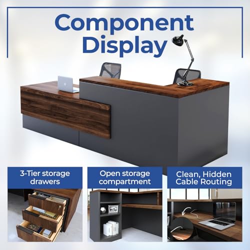 OfficeSimpli L Shaped Reception Desk with Counter - 78.5x40.5x42 Inch - Made in USA, Ship Mostly Assembled, Front Desk Reception Counter for Office, Lobby, Beauty Counter and Salon - California Walnut OfficeSimpliUS