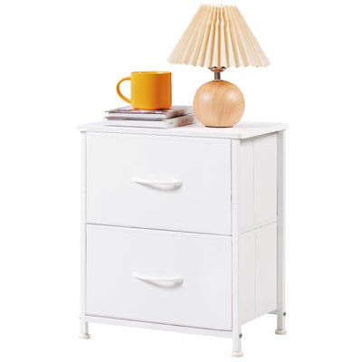 Somdot White Nightstand, Small Dresser for Bedroom with 2 Drawers, Bedside Table Night Stand End Table with Fabric Bins for Bedroom Kids Closet Dorm Guest Room, White Leather