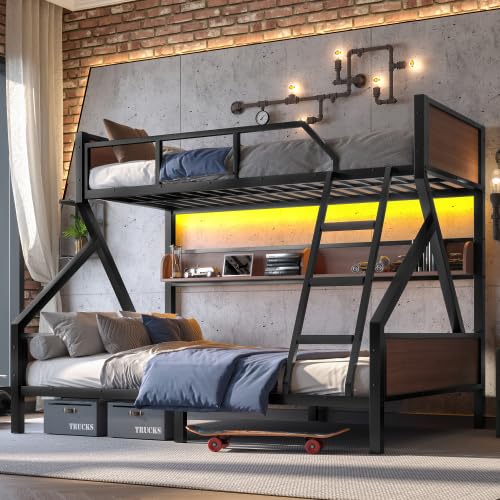 Harper & Bright Designs Twin XL Over Queen Bunk Bed with Storage Shelves and LED Lights, Metal Bunk Bed Frame for Kid Teens, Space-Saving & Noise-Free Design, Black Harper & Bright Designs