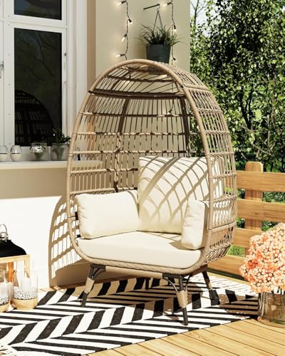 DEXSO Oversized Wicker Egg Chair - 350LBs Capacity, Steel Frame & Ultra Luxury Cushions, Indoor/Outdoor Use for Balcony, Patio, Living Room (White) DEXSO