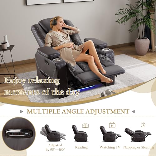 TUNYI Home Theater Recliner Chair - Power Recliner Sofa Chair with Adjustable Headrest Faux Leather Reclining Chair with USB/Storage/LED Light/Cup Holder (Brown, 1 PC)