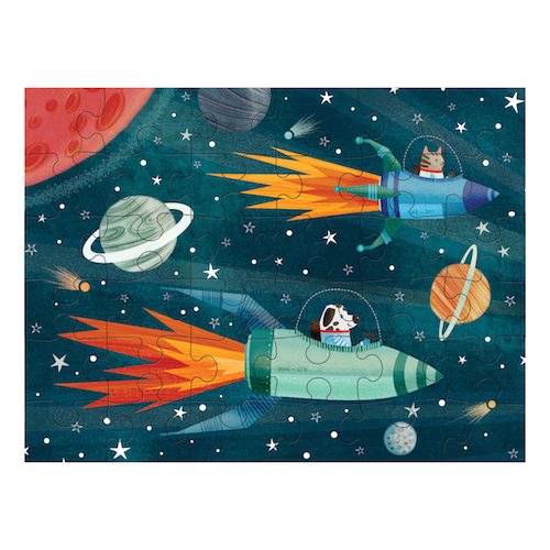 Mudpuppy Outer Space Puzzle to Go, 36 Pieces, 12”x9” – Great for Kids Age 3+ - Colorful Illustrations of Rockets in Space – Packaged in Travel-Friendly Drawstring Fabric Pouch – Perfect for Planes Mudpuppy