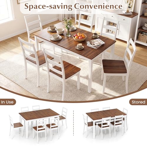 Tangkula Dining Table Set for 6, Solid Wood, Farmhouse Dinette Set w/Rubber Wood Legs, Mid-Century Modern, Compact Dining Table and Chairs Set for Kitchen, Dining Room (Rustic Brown) Tangkula