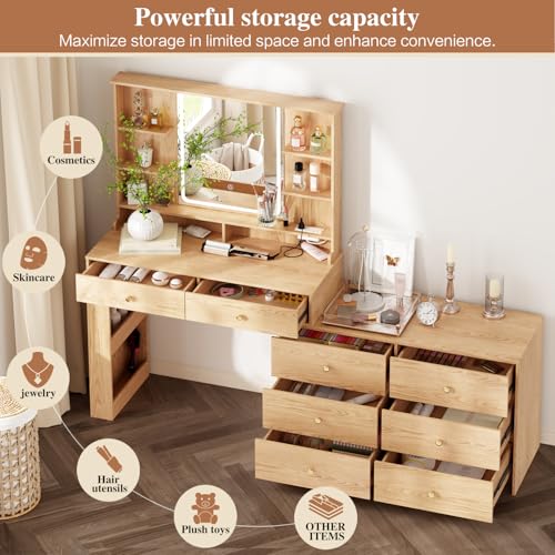 Ieejdn Large Makeup Vanity Desk with Mirror and Lights, Vanity Desk with 8 Drawers & Storage Shelves, Vanity Table with Power Outlet, 3 Color Modes & Adjustable Brightness Dressing Table, Bedroom,Oak Ieejdn