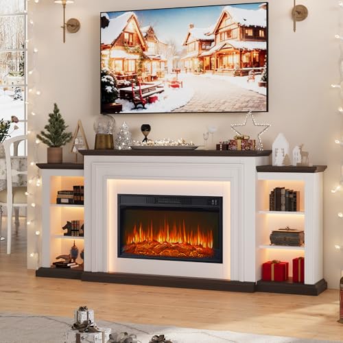 80" LED Electric Fireplace with Mantel, Fireplace TV Stand for 90 Inch TV, Modern Entertainment Center with Storage, Delicate Three-Dimensional Molding with Remote Control for Living Room BOSHIRO