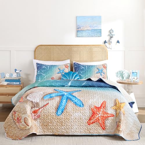 weigelia Coastal Quilt Set King Size – 3 Piece Lightweight Beach Themed Bedding, Soft & Breathable Polyester Coverlet, All Season Quilts & Bedspread for Bedroom Décor weigelia