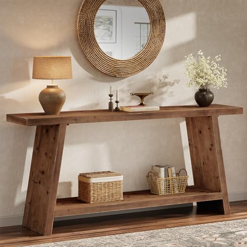 TRIBEWOOD 70.9'' Solid Wood Console Table, Narrow Long Sofa Table Behind Couch with 2-Tier Storage, Farmhouse Entryway Table for Living Room, Hallway, Foyer, Brown TRIBEWOOD