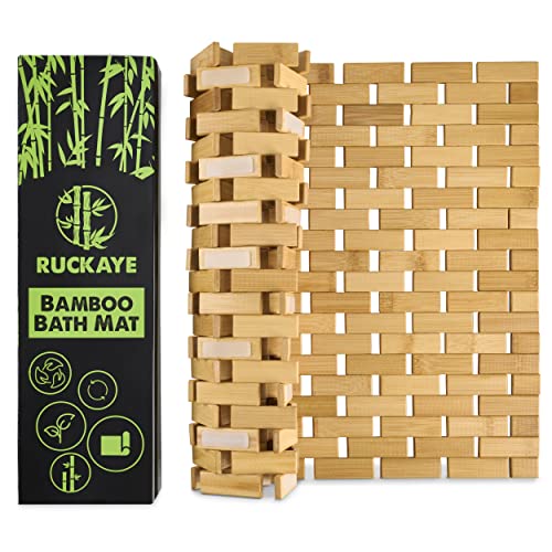 Ruckaye 24x16 Bamboo Bath Mat Premium Bamboo Shower Mat with Silicone Grip Pads Bamboo Bathroom Mat Slip Resistant Bamboo Mat Foldable Wooden Bathroom Mat Waterproof Bamboo Floor Mat Indoor & Outdoor Ruckaye