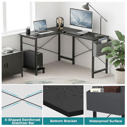 OLIXIS L Shaped Desk, 50-Inch Office Computer Gaming Desks Corner PC Table with Side Bag and Reversible Shelf for Home Work Study Writing Black OLIXIS
