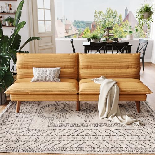 LINSY Futon Sofa Bed - 71 Inch Corduroy Futon Couch with Adjustable Backrest Convertible Folding Futons Sofa Couches for Small Spaces Living Rooms Apartment Office (Yellow) LINSY