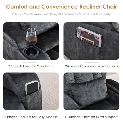 SAMERY Power Recliner Chair with Massage and Heat, Zero Wall Hugger Recliners Sofa Chair for Small Spaces, Theater Seating RV Sofa with LED Surround Lighting/USB/Cup Holders, Velvet, Charcoal
