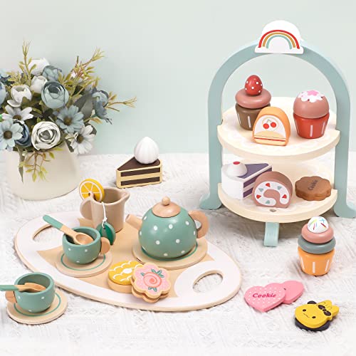 Atoylink Wooden Tea Party Set for Little Girls 28 Pcs Toddler Tea Set with Cupcake Stand & Food Pretend Play Accessories Kids Kitchen Playset Wooden Toys for 2 3 4 5 6 Year Old Girl Birthday Gift Atoylink
