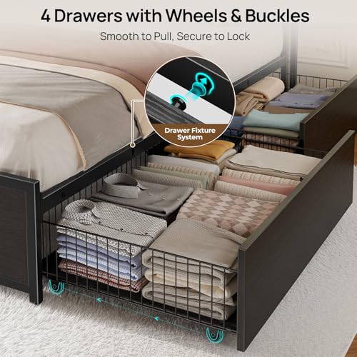 Rolanstar Twin Bed Frame with 4 Storage Drawers, Charging Station and LED Lights, Metal Platform Bed with 2-Tier Storage Headboard, No Box Spring Needed, Easy Assembly, Noise-Free, Black Rolanstar