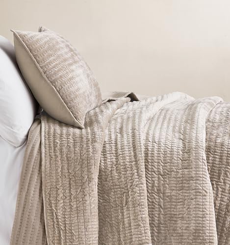 WDCOZY Velvet Twin Size Quilt Set - Beige Striped Pick Stitch Soft Lightweight Bedspread, Neutral Channel Farmhouse Country Rustic Coverlet, Modern Bedding Warm Thin Comforter, 3 Pieces WDCOZY