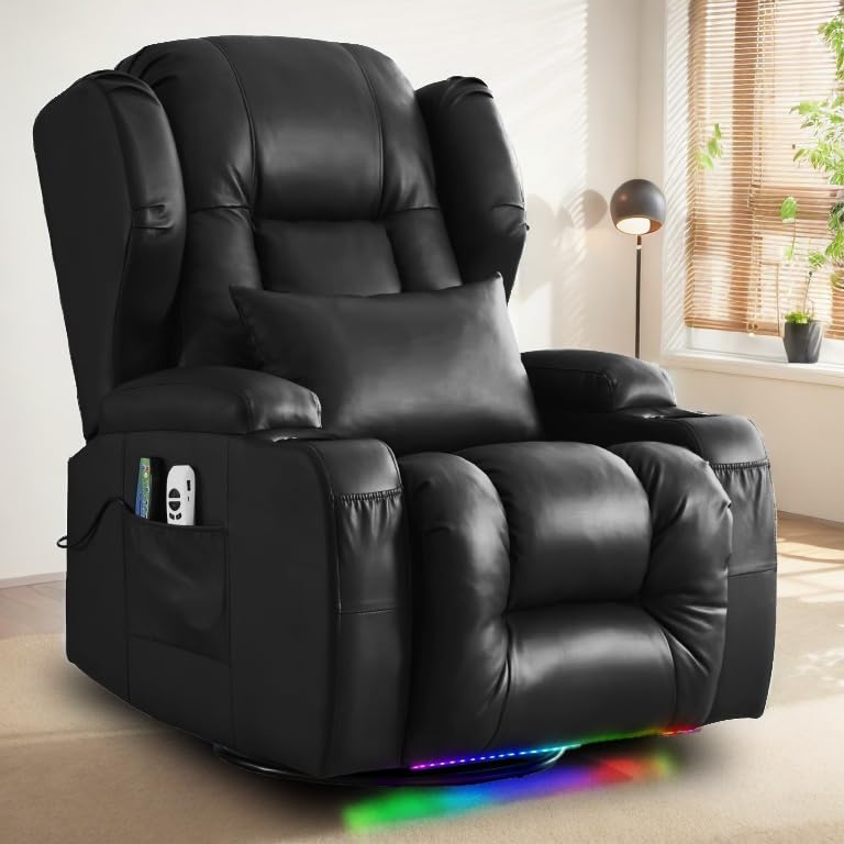 TUNYI Power Recliner Chair - Faux Leather Home Theater Seating Glider Reclining Sofa with Massage & Heat Swivel Rocker Recliner Chair for Living Room with LED Light/USB Port/Lumbar Pillow (Black) TUNYI