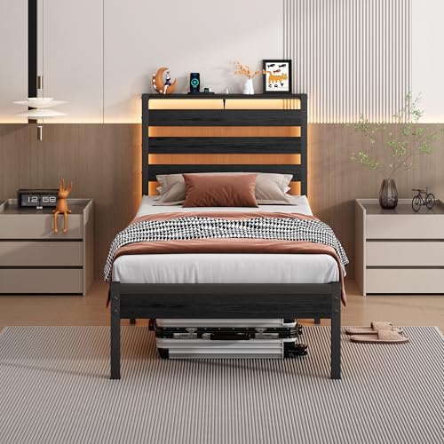 CLIBFENG Bed Frame Twin Size with USB Charging Station, LED Bed Frame with Wood Storage Headboard, Black Metal Platform Bed with Under Bed Storage, No Box Spring Needed, Noise Free CLIBFENG