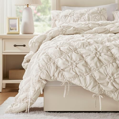 Intelligent Design King Comforter Set – Ivory Lily Puffy Floral Shabby Chic Boho Bedding Comforter Set, Pinch Pleat Bedding Sets, Ultra-Soft, Lightweight & All-Season, King/Cal K Intelligent Design