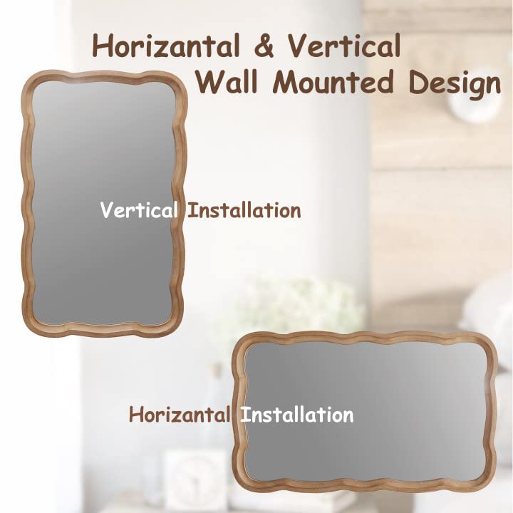 COZAYH Curved Wood Frame Accent Mirror, Farmhouse French Country Decorative Wall Mirror, Rectangle 23.5”L x 38”W, Natural COZAYH