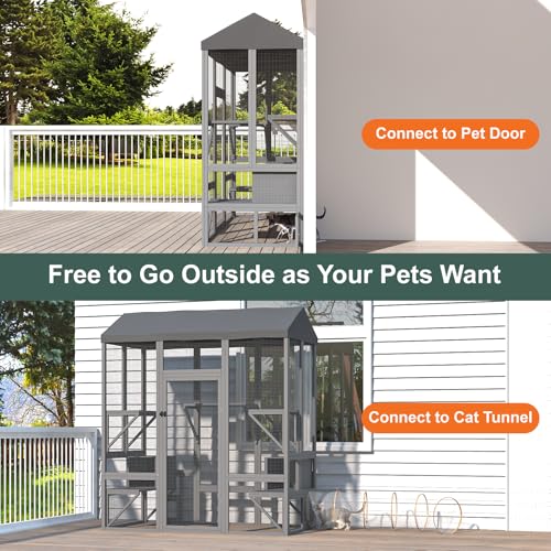 TIMHAKA 72 inch Catio Outdoor Cat Enclosure, Large Cat Catio for Multiple Cats, Outdoor Cats Enclosure with Waterproof Cover, Sunshine Roof, 7 Platforms, 2 Resting Boxes, Wooden Indoor Pet Cage, Grey TIMHAKA