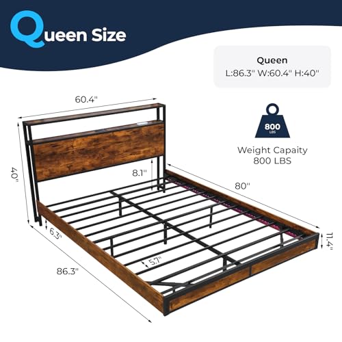 BedsPick Queen Size Bed Frame with 2-Tier Storage Headboard, Sturdy Metal Platform Bed Frame with Charging Station & LED Lights, Noise-Free/Metal Support/No Box Spring Needed, Rustic Brown BedsPick