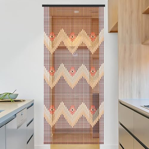 ANMINY Wood Bamboo Beaded Curtain 2 Panels Wooden Hanging Room Divider 52 Strands Decorative Handmade Door Bead Curtains Wall Panel Blinds for Doorway Restaurant Home Decor 35" x 76" - Wave Flower ANMINY