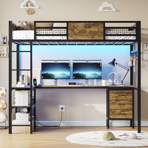 BTHFST Twin Loft Bed with L-Shaped Desk, LED Lights & Charging Station, 3 Fabric Drawers, Safety Guard & Ladder BTHFST