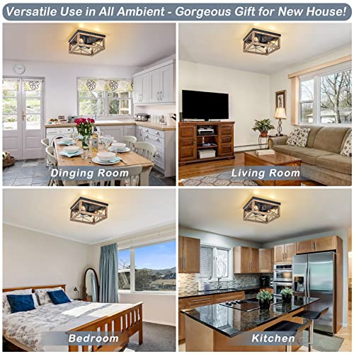 eyassi Wooden Flush Mount Ceiling Lights, 4-Light Farmhouse Close to Ceiling Lighting Fixtures Black Ceiling Lamp for Kitchen Island Living Room Bedroom Hallway Laundry Entryway eyassi