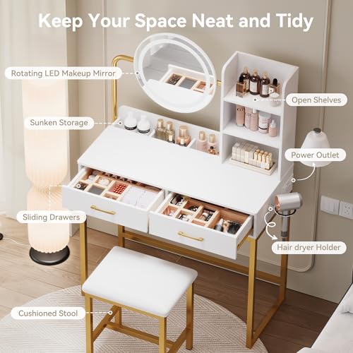 Dowinx Vanity Desk with LED Lighted Mirror & Power Outlet, White Vanity Desk with Adjustable 3 Lighting Modes, Small Vanity Desk for Bedroom, Makeup Vanity with Chair for Girl, Gold and White Dowinx