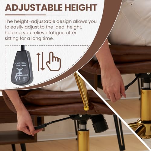 MOJAY Mid-Back Ergonomic Leather Office Desk Chair, Modern Upholstered Computer Chair, Executive Office Chair with Arms, Swivel Adjustable Rolling Chair with Gold Base (Brown) MOJAY
