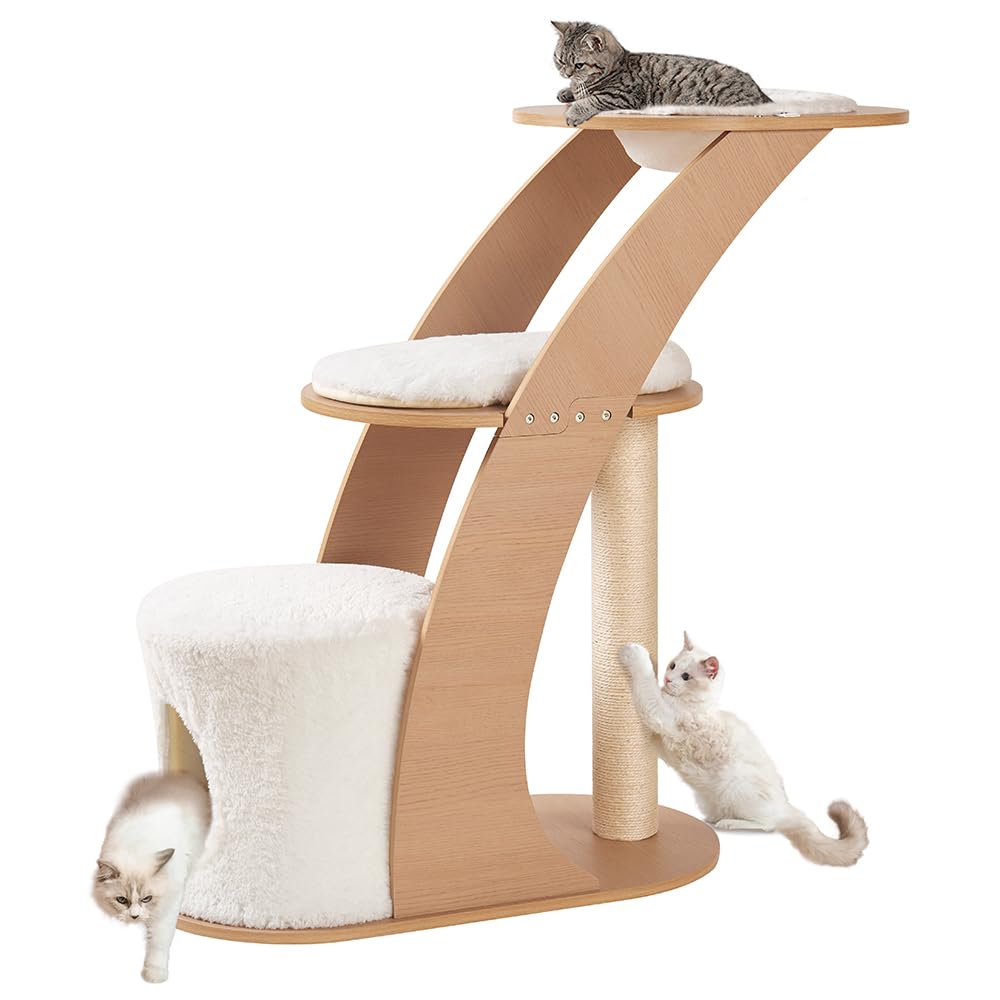 beeNbkks Cat Tree for Large Cats, Modern Tall Cat Tower for Indoor Cats, Cat Tree Tower with Cat Condo Scratching Post and Perch Hammock Bed, Luxury Wood Cat Ladder Furniture for Multiple Cats Kittens beeNbkks