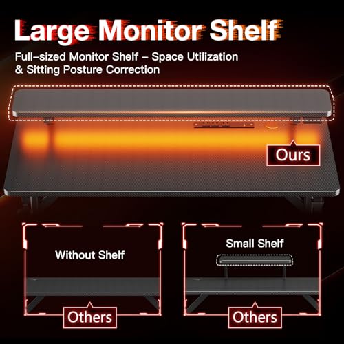 MOTPK Small Gaming Desk with LED Lights & Power Outlets, 39 Inch Computer Desk Gaming Table with Monitor Shelf, Gamer Desk with Carbon Fiber Texture, Kids Boys Desk Gift for Men MOTPK