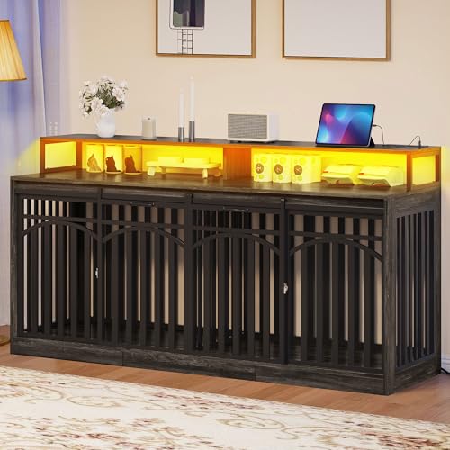 DWVO 71" Double Dog Crate Furniture with LED Light & Power Outlets, Heavy Duty Dual Dog Kennel TV Stand w Storage Shelves Sliding Doors, Wooden Two Dog Cage Table 2 Medium Large Dogs, Black Oak DWVO