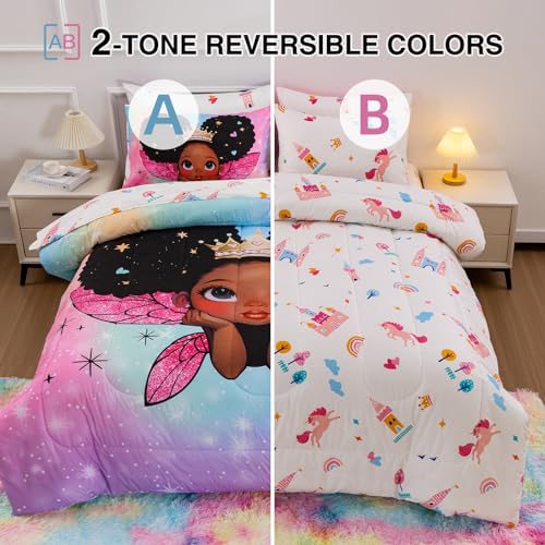 A Nice Night Black Girl Princess with Wings Comforter Set,Pink Gradient Glitter Rainbow Galaxy 6pcs Kids Bedding Set,Twin A Nice Night