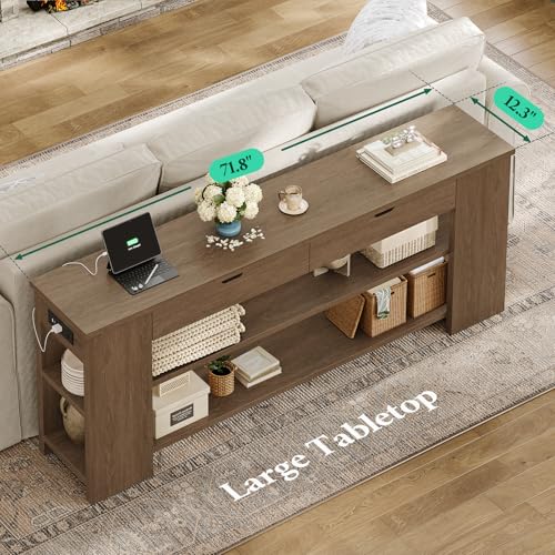 ANGRYWIN 71.8 Inch Extra Long Console Table with Drawers, Farmhouse Long Console Table with Shelves & Built-in Outlets, Entryway Table with Storage for Living Room, Entryway, Hallway, Brown ANGRYWIN