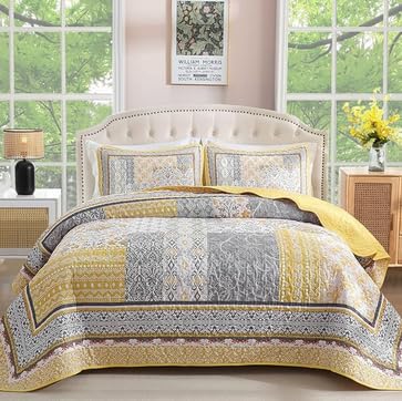 WONGS BEDDING Yellow Quilt Set Full,Bohemian Patchwork Bedspread Coverlet Set, Reversible Boho Floral Pattern Bedspreads Bedding Quilt Set for All Seasons (78"x90") WONGS BEDDING