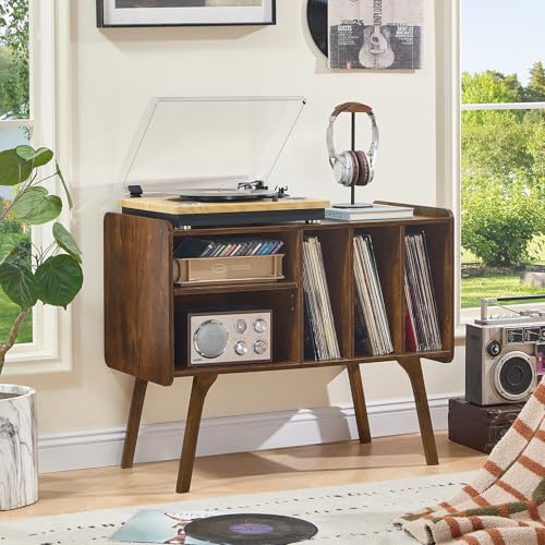 Lerliuo Record Player Stand with 4 Cabinet Holds Up to 220 Albums, Large Turntable Stand with Beech Wood Legs, Mid-Century Record Player Table,Retro Brown Vinyl Holder Storage for Bedroom Living Room Lerliuo