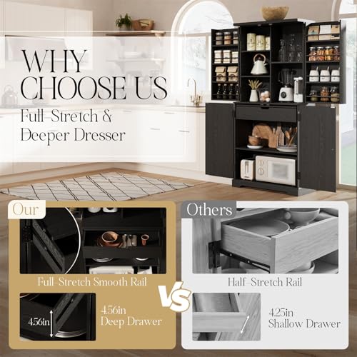 71" Tall Fluted Kitchen Pantry Cabinet, Modern Fluted Pantry Cabinet with Doors, Kitchen Pantrys Storage Cabinets with Drawer and Adjustable Shelves Doors for Dining Room, Living Room, Bathroom Black Generic