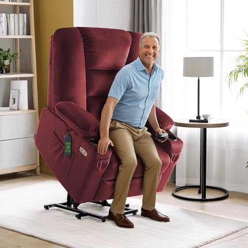 MCombo Large Power Lift Recliner Chair Sofa with Massage and Heat for Big and Tall Elderly People, 3 Positions, Cup Holders, and USB Ports, Fabric 7549 (Large, Burgundy)