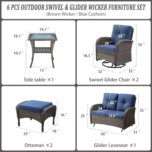 Belord 6 Piece Patio Conversation Sets - Wicker Patio Furniture Sets with Outdoor Swivel Rocker Chairs, Glider Loveseat Perfect for Patio Deck Backyard, Brown Wicker Blue Cushion Belord