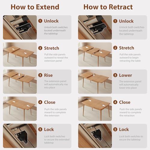 Muwuele Solid Wood Extendable Dining Table for 4-8 People with Seamless Extension from 47.2 to 63 Inches, Easy Assembly, Expandable Tables for Small Spaces, Dining Room, Kitchen, Living Room, Natural Muwuele